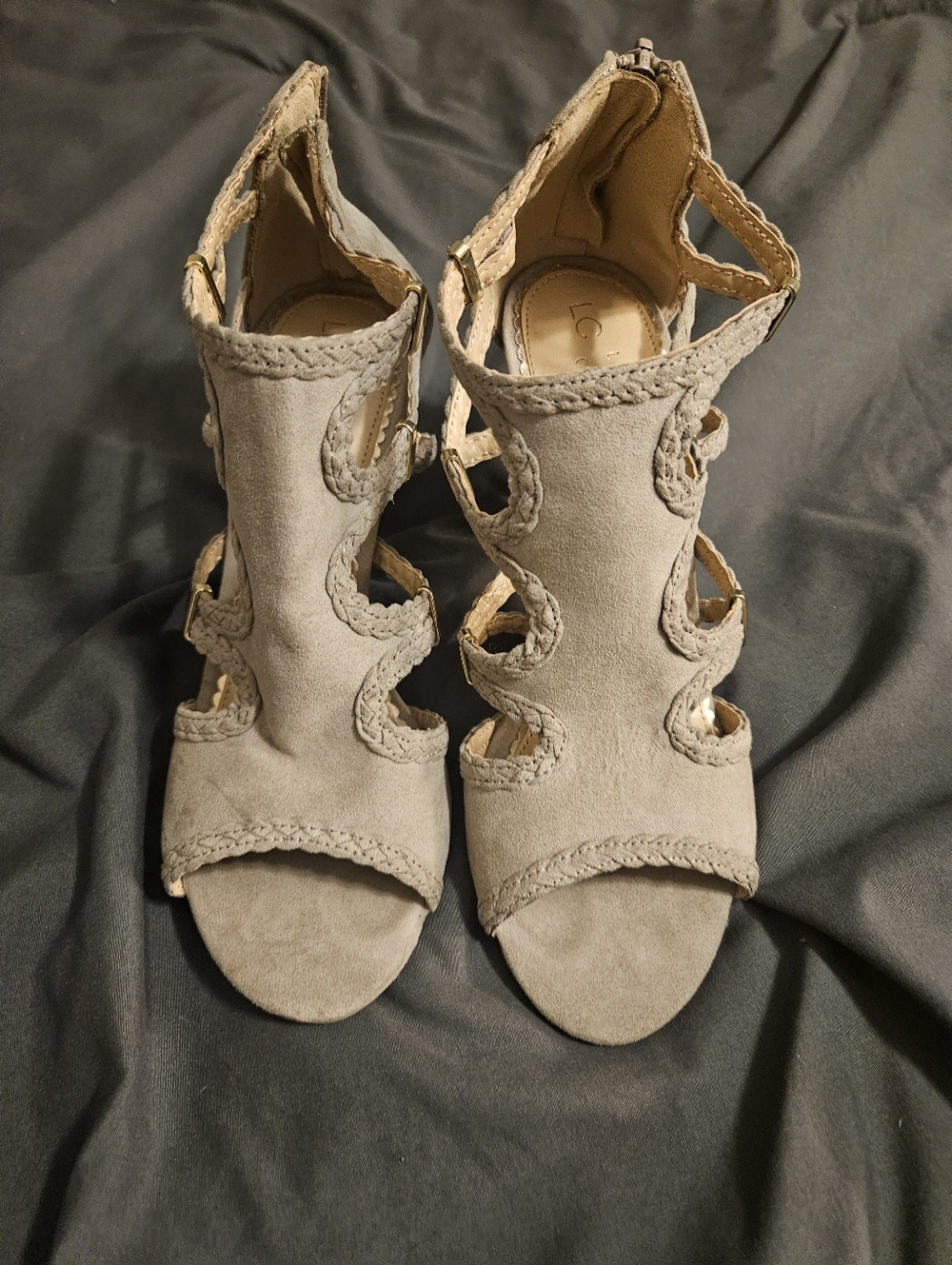 Lauren Conrad suede cutout heeled sandals in taupe